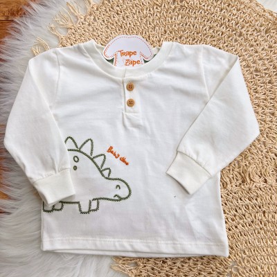 Conj. Blusa Manga Longa Baby Dino e Calça de Moletom - Off White e Verde